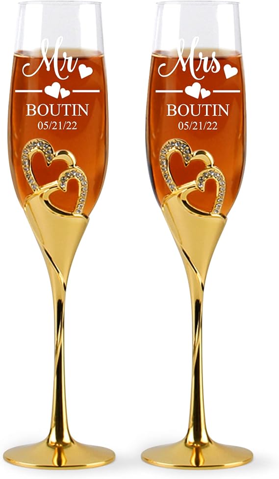 Unique Design Champagne Flutes For Bride and Groom, Customized Heart Decoration Champagne Glasses, Toasting Cups Sets For Couples, Wedding Champagne Glasses