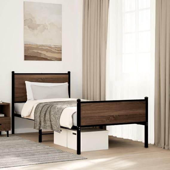 Single Bed Frame 80×200 cm Brown Oak Steel & Wood, Robust Metal Slats & Legs, Under-Bed Storage, Functional Headboard & Footboard, Timeless Design for Bedroom, Guest Room & Loft