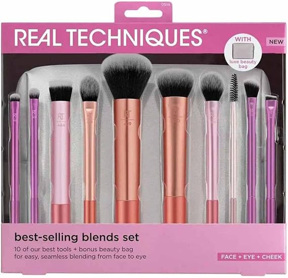 Real Techniques Blends Set, 10-Piece Makeup Brush Collection with Beauty Bag for Face and Eye, Use with Liquid, Cream, or Powder, Vegan, Cruelty-Free, Travel-Friendly, Easy to Clean