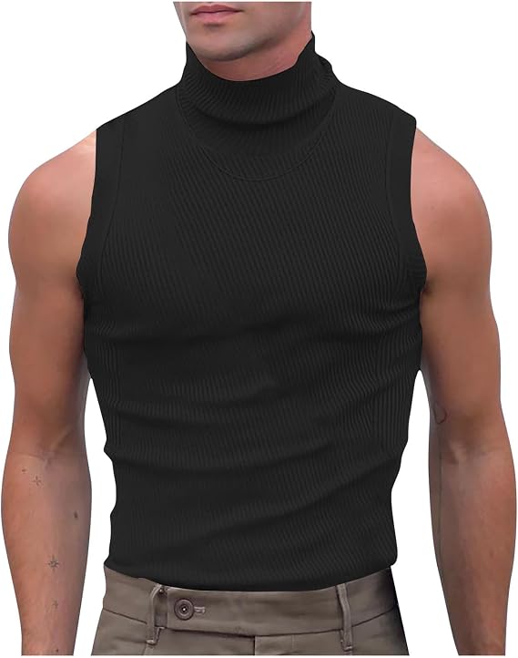 Mens Tank Tops Turtleneck Knit Slim Solid Color Casual Sleeveless T Shirts Basic Pullover Sweater Ribbed Clubwear Tee