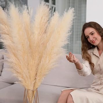Pampas Grass, Pampas Grass Decor Tall 48 inch 4ft ,5PCS Natural Dried Pompas Grass Decor, Large Pampas Grass Tall Fluffy, Beige Pompous Grass for Wedding Boho Home Decor 5 Stems