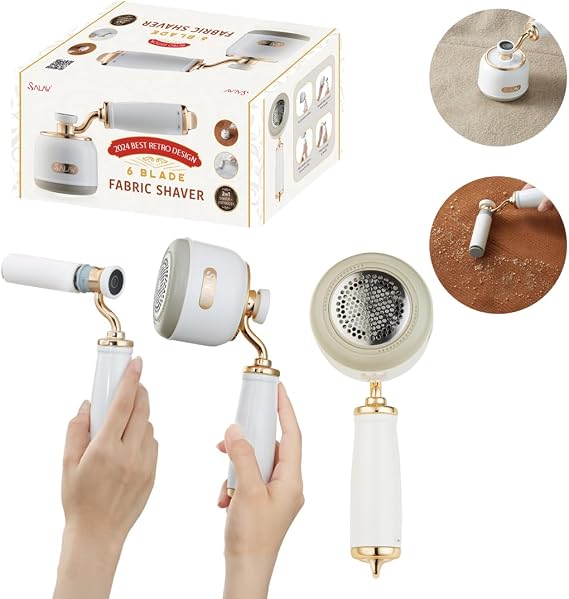 SALAV Retro Edition Rechargeable Fabric Shaver and Lint Roller with 6-Blade System Removes Fuzz and Piling on Fabrics, with Charging Cable and Mini Brush (Pearl)