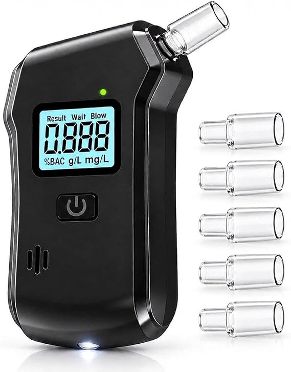 Valkyrie Dijital Alkol Test Cihazı 5 Ağızlıklı LCD Ekranlı LED Işıklı 3 AAA Pilli Taşınabilir Alkolmetre