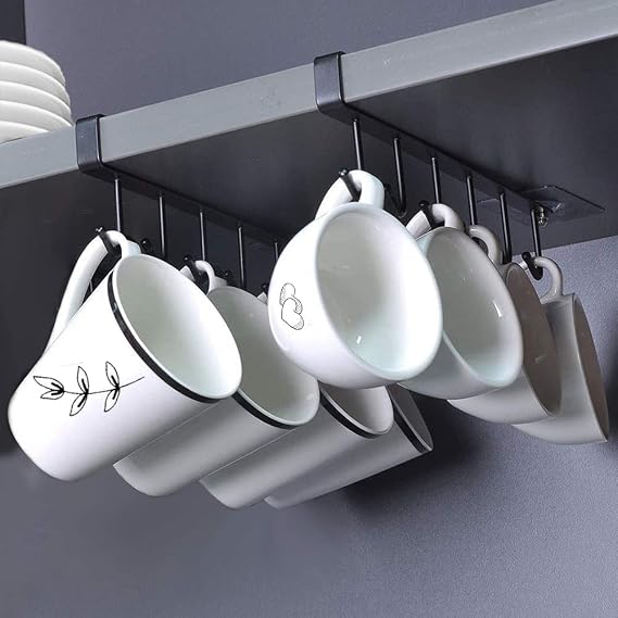 AliCH 2pcs Mug Hooks Under Cabinet Mug Holder Rack,Nail Free Adhesive Coffee Cups Holder Hanger for Cups/Kitchen Utensils/Ties Belts/Scarf/Keys Storage, Fit for 0.8inch Thickness Shelf or Less (Black)