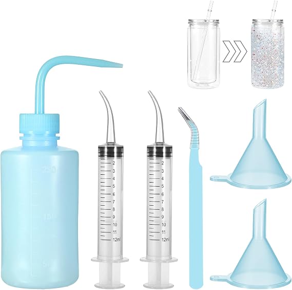 6 Pcs Snow Globe Tumbler Supplies,Snow Globe Cups Supplies Kit for Chunky Glitter Snowglobe DIY Glass Cups Gifts,Tumbler Making Supplie with Squeeze Bottle Small,Tweezers(Blue)