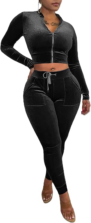 Ecirod Womens Velour Tracksuit Two Piece Outfits Long Sleeve Zip up Crop Tops Drawstring Pants Set