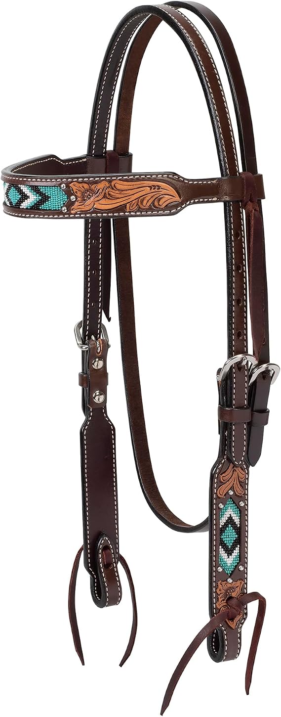 Weaver Equine Turquoise Diamond Beaded Horse Headstall, Leather Headstalls for Horses for Trail Riding, Durable Equine Supplies, Dark Oil