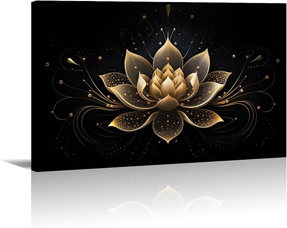 LYUNSHUO Black and Gold Lotus Wall Art Zen Bathroom Decor, 12"x18"