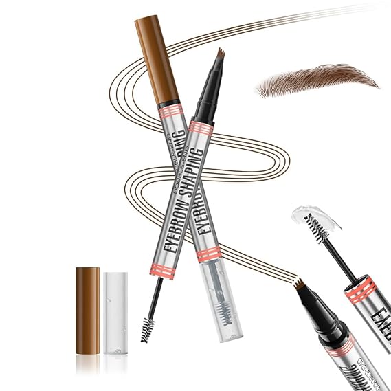 2-in-1 Magic Eyebrow Pencil,Microblading 4-Fork Tip Liquid Eyebrow Pen with Eyebrow Brush Gel Waterproof Eyebrow Pencil Create Natural Hair-Like Brows