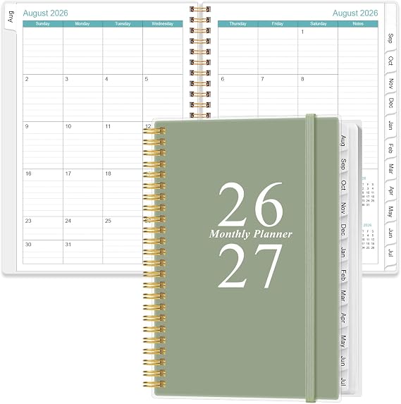 2026-2027 Monthly Planner - August 2026 - December 2027, Two Pages Per Month, 17 Monthly Calendar/Planner with Tabs, Inner Pocket, 6.4" x 8.5", Green