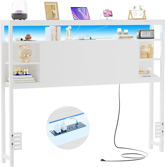 Unikito Full Size Headboard with Storage, Headboard with Outlet and RGB LED Light, Sturdy Head Board for Full Size Bed, Stable Headboards Only for Bedroom, Dorm Room, Guest Room, White