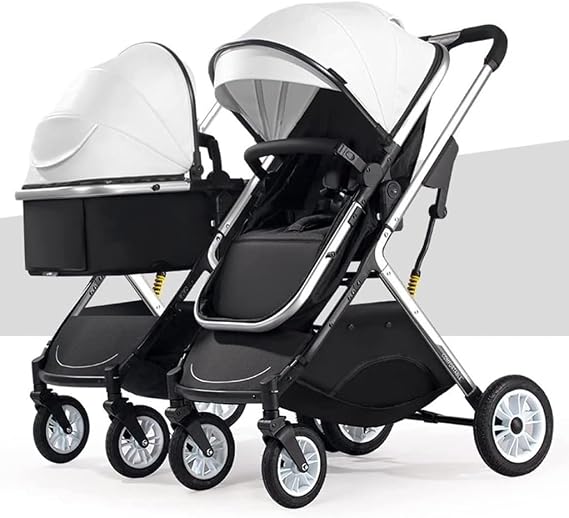 Double Infant Stroller,Twin Baby Pram Stroller,Toddler Stroller for Twins Side by Side,Foldable Double Seat Tandem Stroller High Landscape Foldable Pushchair(Color:White)