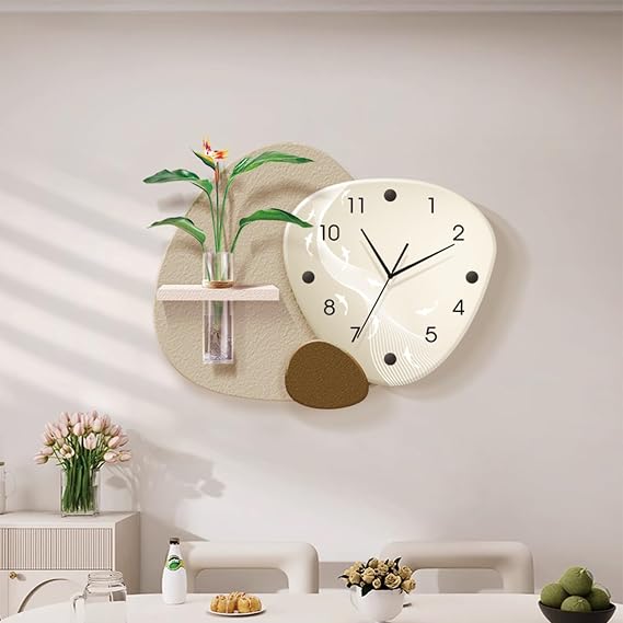 Modern Artistic Wall Clock with 3D Glass Vase & Sandstone Panel, Silent Non-Ticking Decorative Wall Clocks, Easy to Read, for Bedroom, Kitchen, Home, Office, School, Hotel
