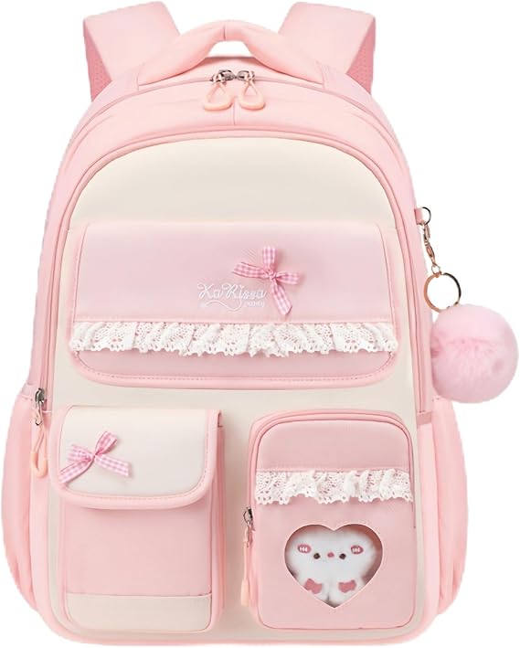 Girls Backpack for Kids School Bag, Teen Girls Rucksack with Lace Trim, Multi-Pocket, A042-Pink