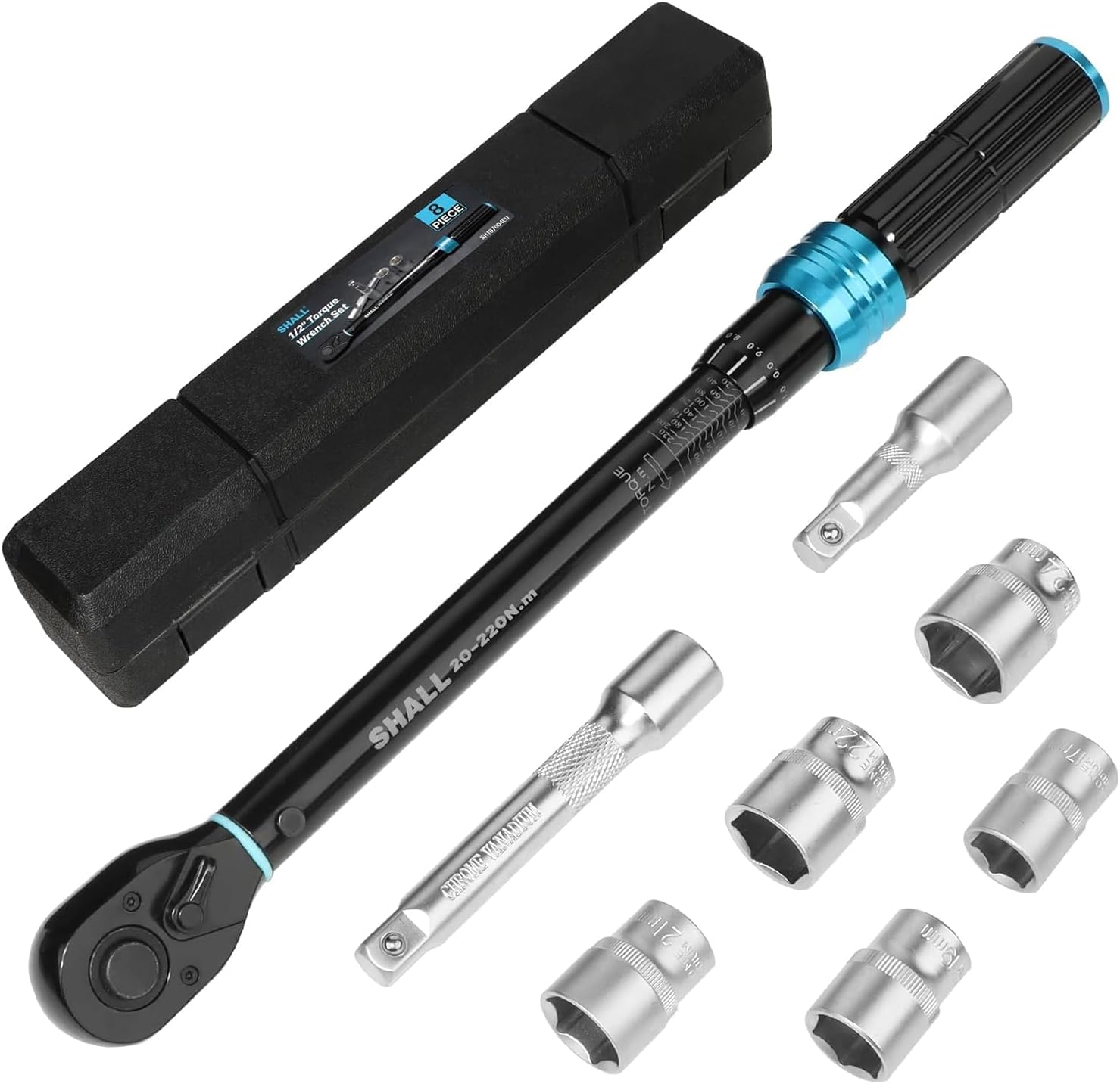Shall 7-Piece 12" Torque Wrench Set, 20-220Nm Dual Direction Adjustable 72 Tooth for Suitable for car and Motorcycle Maintenance,with Extension Pole and Storage Box