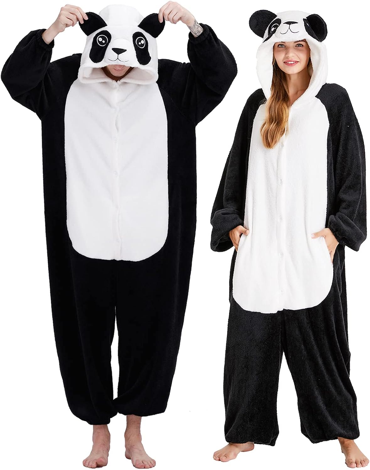 Boveco Unisex Adult Shark and Panda Onesie Pajamas for Women Flannel Animal Costume Men's One Piece Pjs Halloween Cosplay