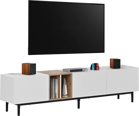 Merax Modern TV Entertainment Center with 3 Cabinets & Open Shelves, Wood TV Stand for TVs Up to 80 for Living Room Bedroom (White)
