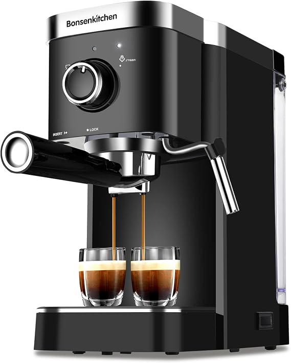 Bonsenkitchen 1350W Espresso Machine 15 Bar Espresso Coffee Maker with Milk Frother Fast Heating Automatic Coffee Machine for Espresso, Cappuccino Latte, Macchiato