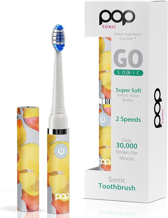 Pop Sonic Electric Toothbrush for Adults 2 Speed (Orange Watercolor) Dupont Nylon Bristles 15,000-30,000 Strokes/Minute w/AAA Battery Bathroom Essentials & Travel Essentials