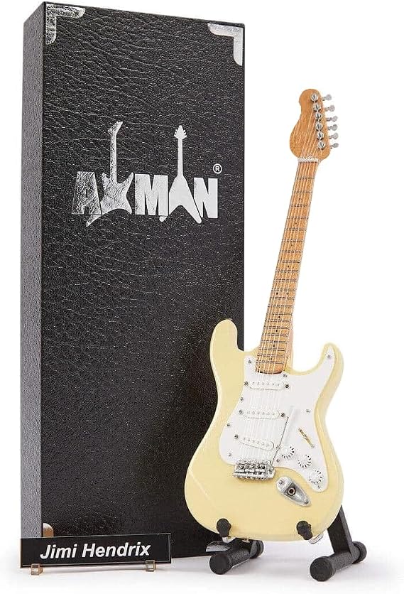 Jimi Hendrix: 1968 White - Miniature Guitar Replica - Music Gifts - Handmade Ornamental 1/4 Scale - Includes a Display Box, Name Tag and Miniature Guitar Stand