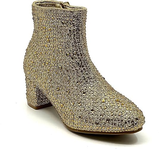 Forever Girls Rhinestone Boots Kids Low Heel Dress Booties Iceberg-12K Shoes Gold Rhinestone 11