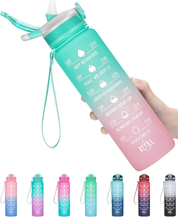 32oz Leakproof Motivational Sports Water Bottle with Straw & Time Marker, Flip Top Durable BPA Free Non-Toxic Frosted Bottle Perfect for Office, School, Gym and Workout