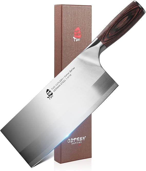 TUO Vegetable Meat Cleaver Knife 8 inch - Professional Chinese Cleaver Butcher Knives for Kitchen - German HC Stainless Steel - Ergonomic Pakkawood Handle - Osprey Series with Gift Box