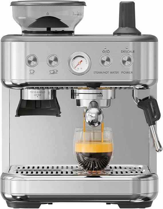 Aptliton Bean to Cup Coffee Machines,Espresso Machine with Grinder and Milk Frother, 1750W coffee maker -15 Grind Settings,Double Cup Brewing for Espresso,Cappuccino & Latte,Silver (02)