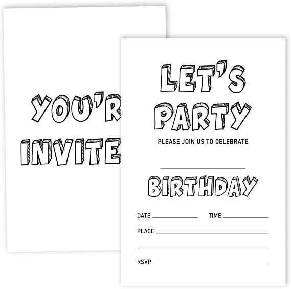 Let's Party Invitation Cards For Girls Boys kids, Black and White Birthday Party Supplies Favors, 20 Fill-In Invitation Cards with Envelopes -11