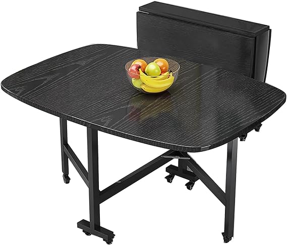 Mobile Drop Leaf Table Folding Kitchen Table Extendable Dining Table with 6 Wheels for Small Spaces,Wood Rectangular Gateleg Table, Round Edge Design,Black,100 * 60 * 75cm
