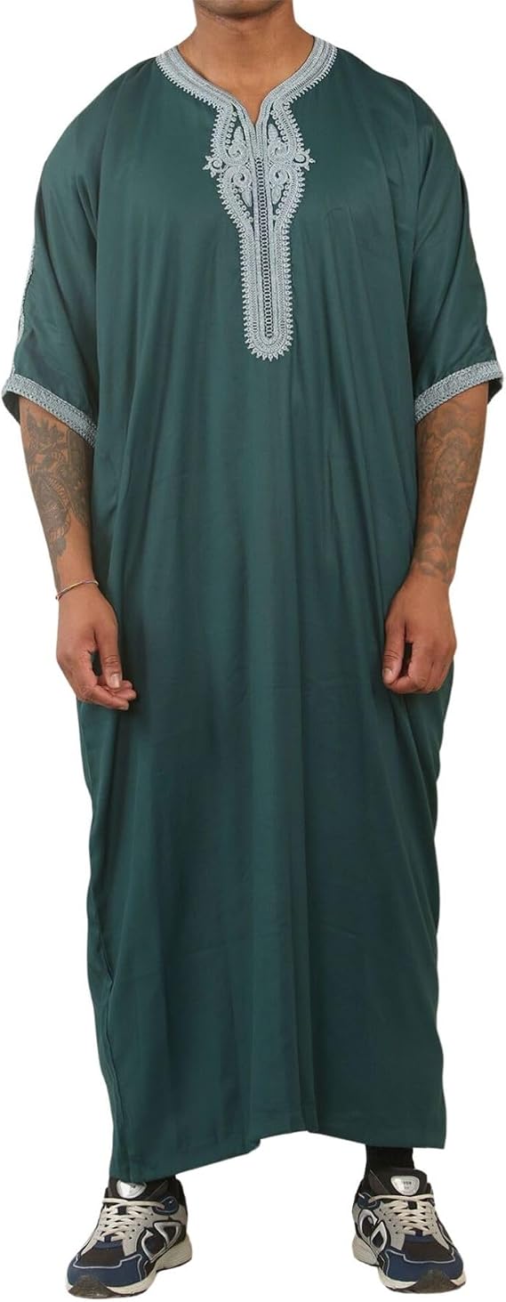 Men's Moroccan Thobe Short Sleeve Gandoura Embroidery Kaftan