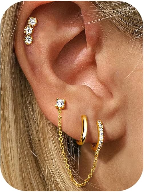 FIBO STEEL 14K Gold Plated Earrings for Women - Hypoallergenic Earrings Set for Multiple Piercing - Cartilage Dainty Small Huggie Hoop Stud Earring Stacks for Sensitive Ears