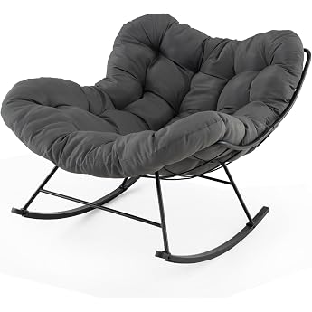 HOMASIS Rocking Chair with Padded Cushion Modern Rocking Chair with Metal Frame Garden Chair 205 kg Load Capacity Recliner Chair for Garden Patio Balcony Living Room Bedroom (Dark Grey)