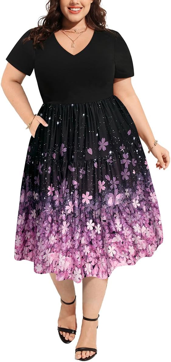 CARCOS Plus Size Dresses for Women Summer Short Sleeve V Neck Patchwork Dresseses XL-5XL