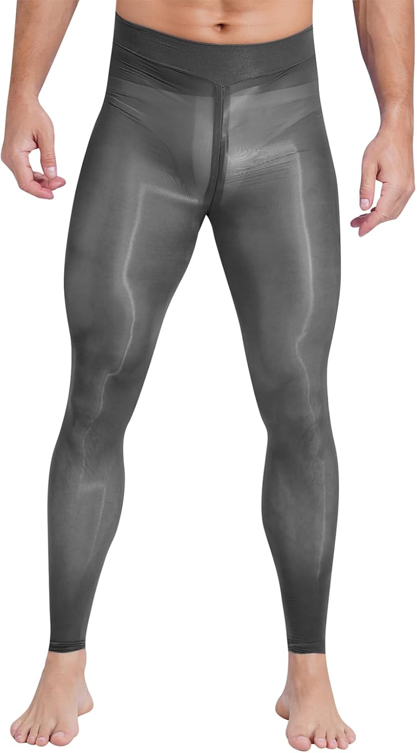 Mens Glossy Leggings Sheer Skinny Ice Silk Compression Tights Sissy Zipper Crotch Pants