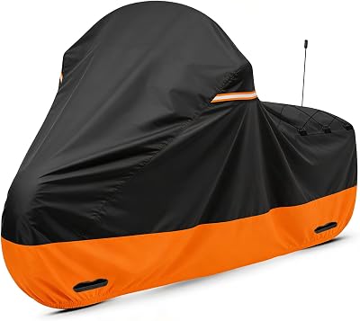 Motorcycle Cover Black-Orange fit for Harley Davidson Road King Road Glide Street Glide Electra Glide Low Rider-ST All Weather Indoor Outdoor Protection UV Resistant