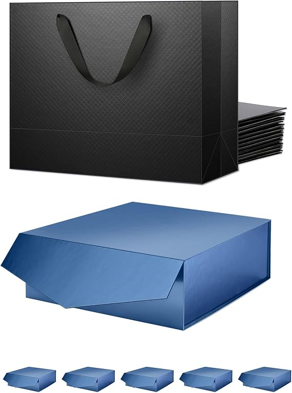 6 Gift Boxes with Lids, Large Christmas Gift Boxes 9x9x3.4 Inches, 12 Large Gift Bags 13x5x10 Inches, Matte Black Large Gift Bags with Handles