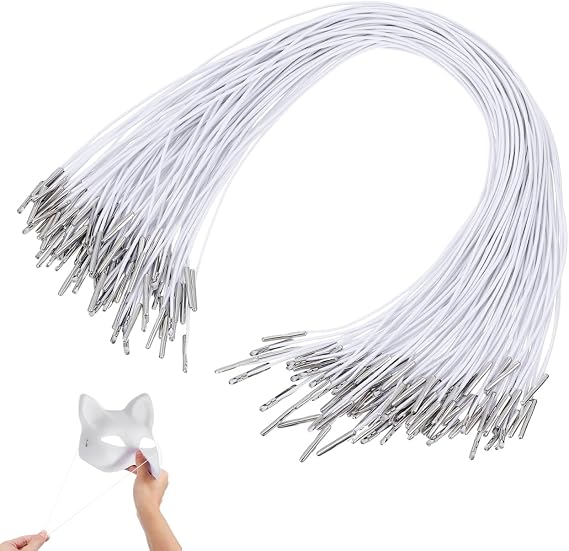 Garneck 100pcs White Elastic Ropes with Metal Hooks Barbed Cords Loop Round String with Metal Barbs Ropes for DIY Party Cosplay Mask Birthday Crafts Hat