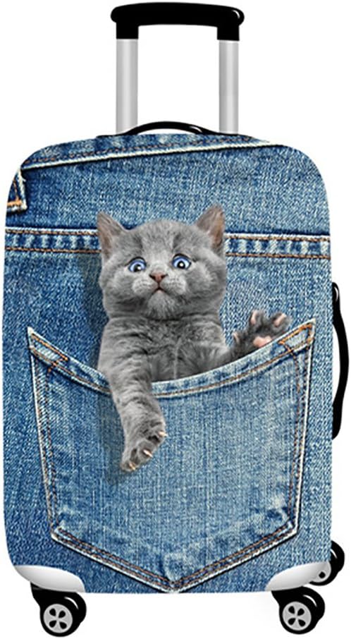 Denim 3D Cute cat Dog Styles Washable Print Luggage Cover Protector Suitcase Cover Carry On Cover with Zipper Fits 18-32 Inch Luggage for Holiday Travel and Great Gift Idea (Cat Grey, S)