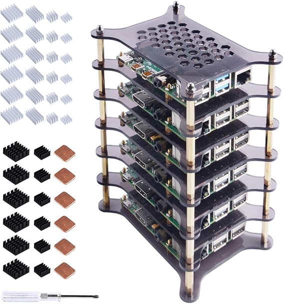 GeeekPi 6-Layers Cluster Case Rack Case with Heatsinks Stackable Enclosure for Raspberry Pi 4/3/2 Model B,Raspberry Pi 3 Model B+ (Brown)
