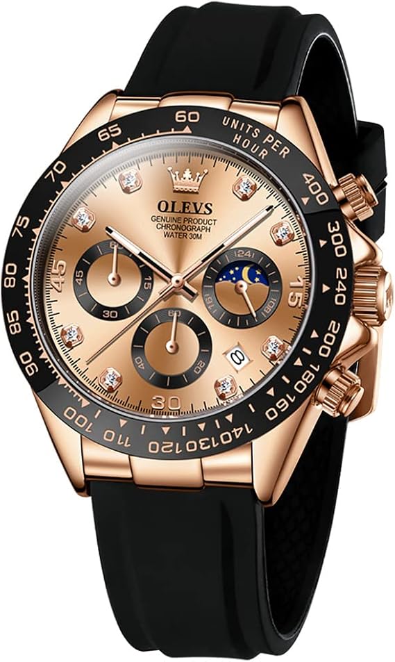 OLEVS Men Analog Quartz Waterproof Watches Multifunction Chronograph Diamond Moon Phase Luminous Silicone Band Wrist Watches