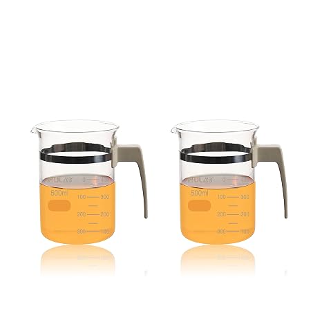 Glass Beaker with Handle, Vol. 500ml, 3.3 Borosilicate Griffin Low Form with Printed Graduation,Pack of 2, UBG1050