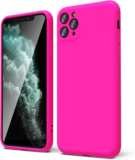 oakxco for iPhone 11 Pro Max Phone Case Liquid Silicone, Neon Bright Solid Color, Thin Slim Soft Rubber Gel Matte TPU Plain Simple Cover for Women Girl Cute, Hot Pink Fuchsia