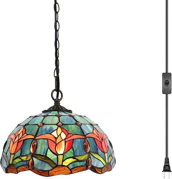 Tiffany Pendant Light Plug in 12 inches Stained Glass Hanging Lamp