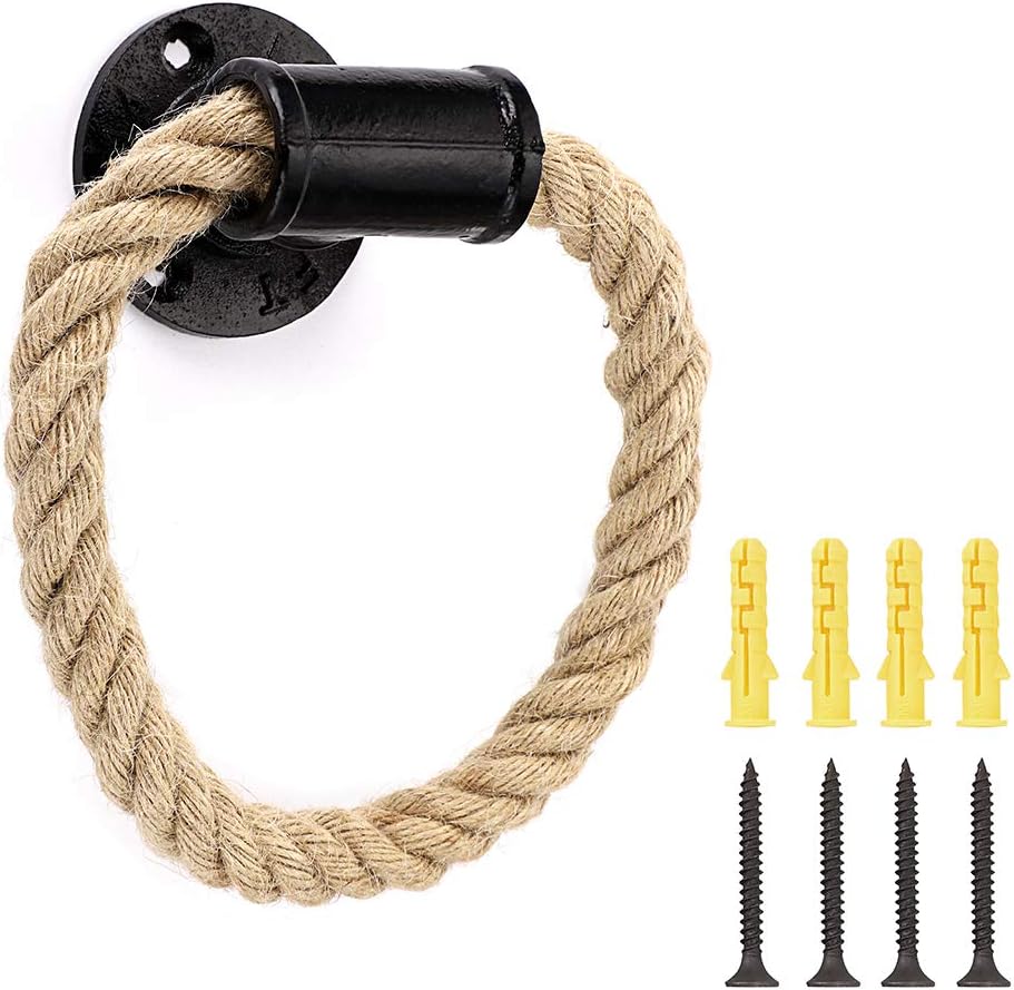Sumnacon Industrial Pipe Rope Towel Ring - Wall-Mounted Metal Towel RackBar with Hardware,Vintage Style Iron Hand Towel Holder for ShowerBathroomBedroomKitchen, Electroplated Black Finish