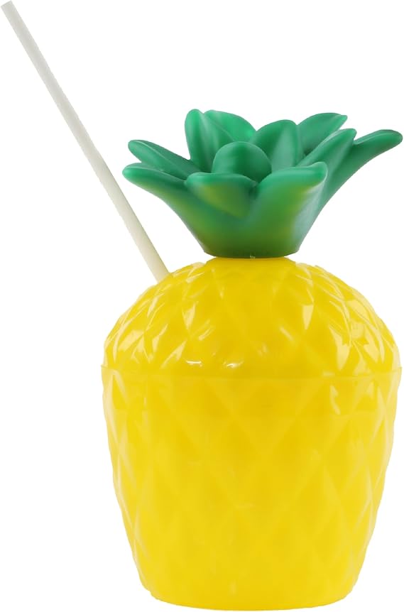 Pineapple Cup with Straw - Pack of 1 - Yellow Pineapple Drink Cup with Attached Green Stem and Paper Straw - Perfect for Summer Tropical Beach Parties, Luau, and Poolside Fun