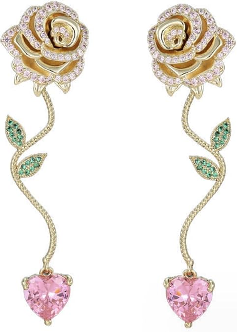 Rose Flower Earrings | Gold Plated Rose Flower with Pink Heart Cubic Zirconia Stud Dangle Earrings | 3D Rose Flower Wedding Bridal Bridesmaid Multi-Color Cubic Zirconia Chandelier Drop Dangle Earrings for Women and Teen Girls
