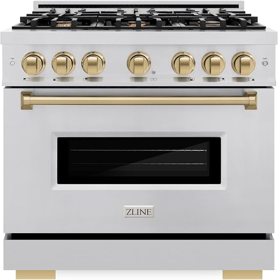 ZLINE Autograph Edition 36 in. 5.2 cu. ft. Classic Dual Fuel Range with 6 Burner Gas Cooktop and Electric Convection Oven in Stainless Steel with Champagne Bronze Accents (CDRZ-36-CB)