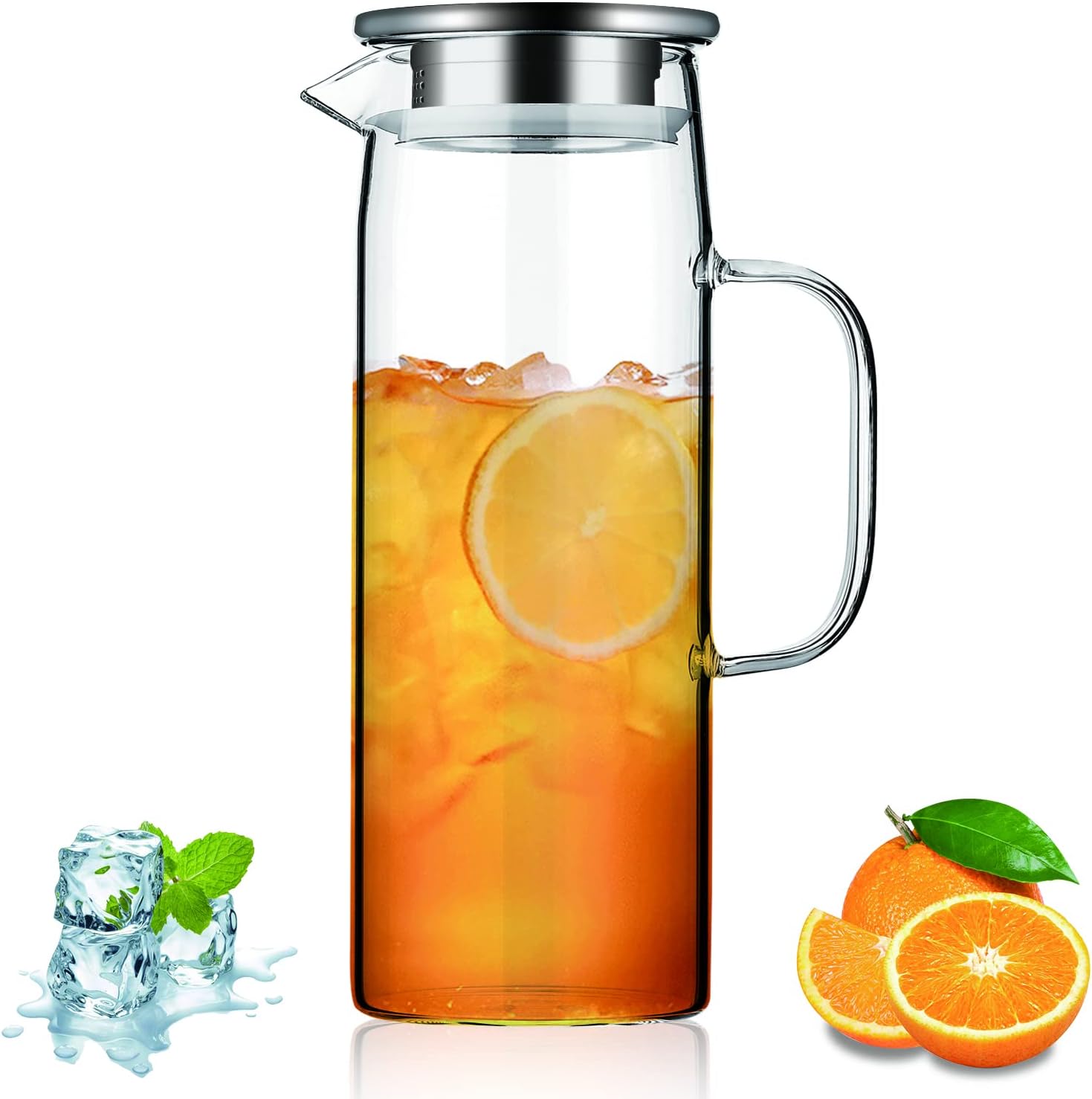 Kyraton Wasserkaraffe 1.5L mit abnehmbarem Deckel Heiß und Kaltgetränke Klarglas Wasserkrug Karaffe Glaskaraffe für Tee Cafe Limonade Milchsaft und mehr