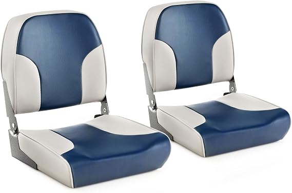 COSTWAY Set of 2 Folding Boat Seats Boat Chairs with 12 cm Thick Sponge Padding Padded Steering Chair Blue/Beige/Grey 49 x 41 x 47 cm